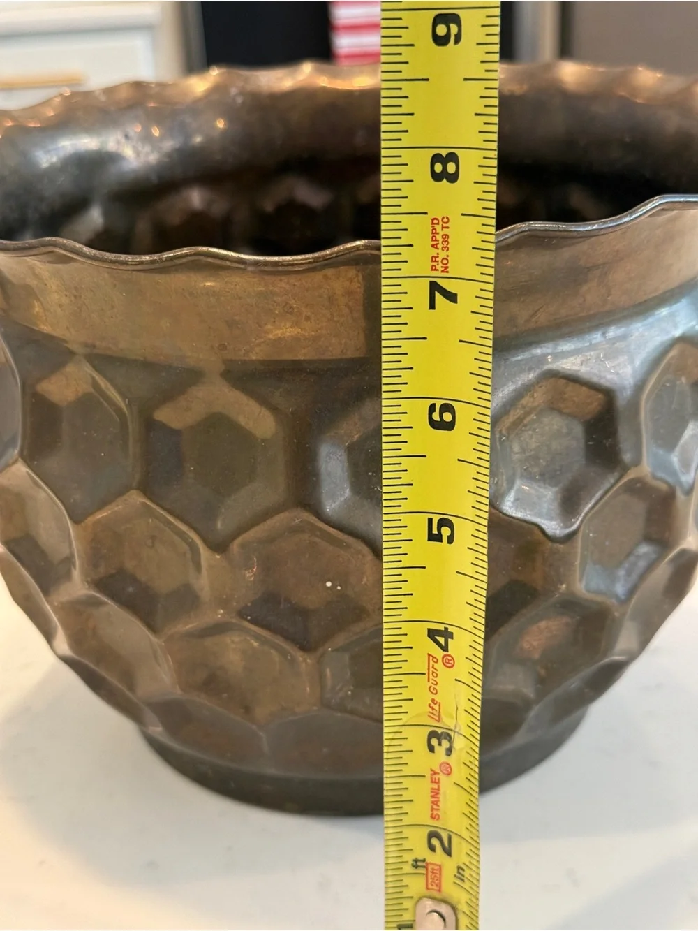 Vintage India Brass Planter Cachepot Hammered Honeycomb Scalloped Rim 10”